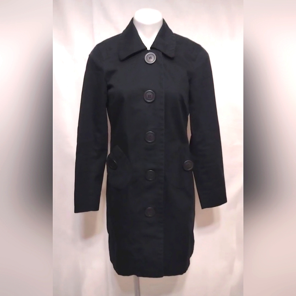 INC Black Cotton Trench Coat Small Lightweight Button Front Spring Fall Jacket - Picture 4 of 16